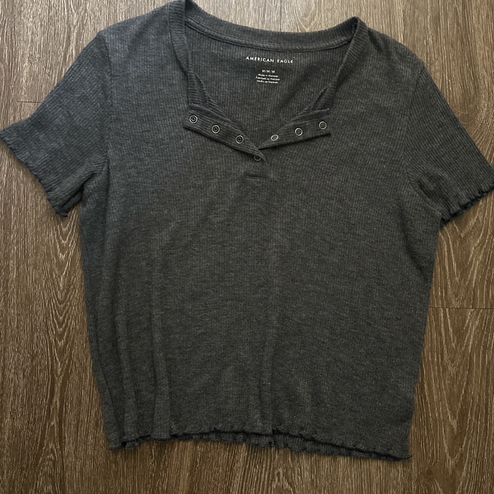 American Eagle Outfitters Dark Charcoal Ribbed Short Sleeve Henley